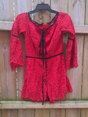 INA Red and Black Lace Trim Romper